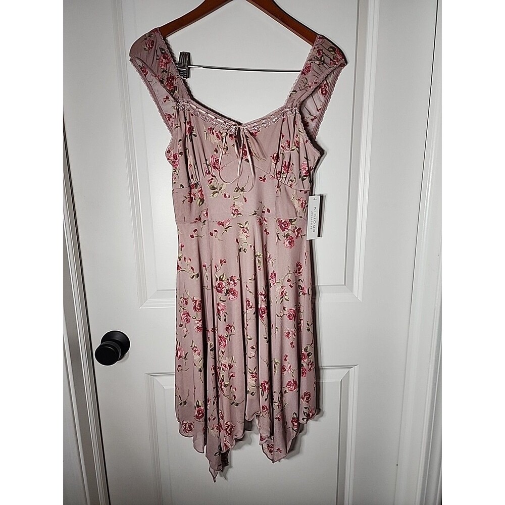Kirious Coquette Slip Dress size M Babydoll Lace Floral Handkerchief Hem Y2K